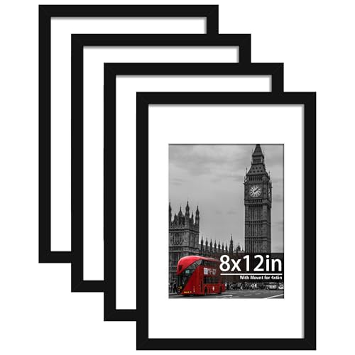 Tinkeps 4 Pack 12x8 Black Picture Frame Engineered Wood and Plexiglass 8x12 Photo Frame with Mount for 6x8 inch Prints Photos and Posters Tabletop and Wall Mountable