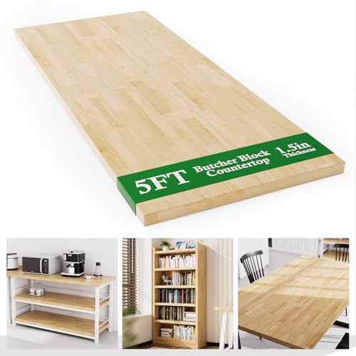 5FT Butcher Block Countertop Birch Solid Wood - 60' x 25' Table Top Butcher Block Cutting Board for...