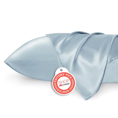 Image of Bedsure Satin Pillowcase 2 Pack Similar to Silk Pillow Cases Standard Size, Pillow Case for Sleeping Women with Envelope Closure, Gifts for Women Men, Stone Blue, 20x26 Inches, 2pcs