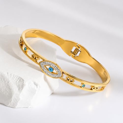 Image of Stylish Gold Plated Bangle for Women | Daily Use Stainless Steel Kada | Anti-Tarnish Waterproof Cuff | Multicolour Crystal Evil Eye | Daily Wear Bracelet For Womens | Premium Gift For Girl