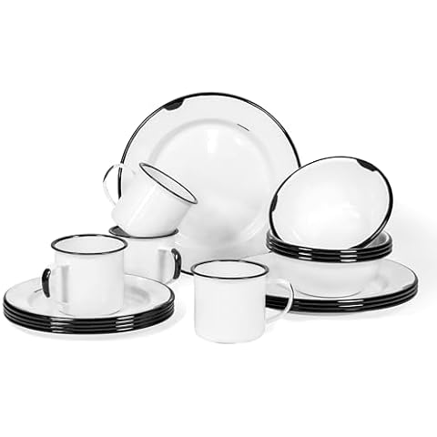 Red Co. 16-Piece Enamelware Metal Dinnerware Set for 4, Distressed White/Black Rim Cover
