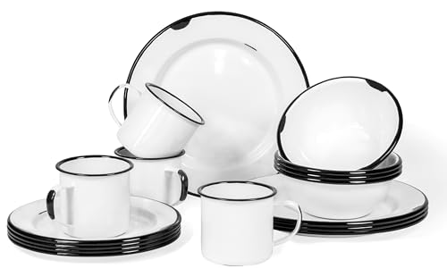 Redco16pieceenamelwaremetaldinnerwaresetfor4distressedwhiteblackrim Urban Country Home Decor Red co 16 piece enamelware metal dinnerware set for 4 distressed whiteblack rim urban country home decor