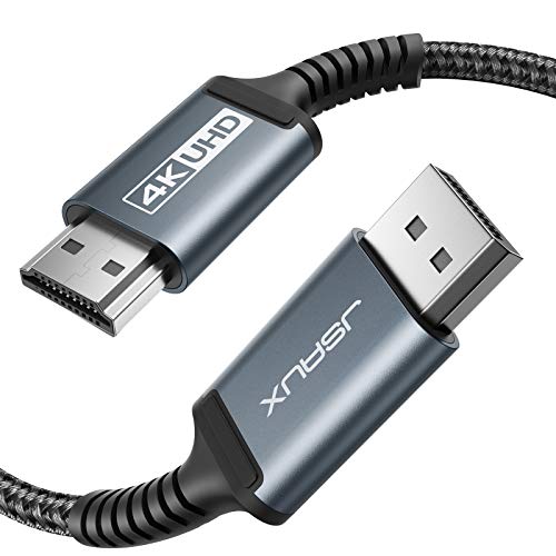 4K@30Hz UHD DisplayPort to HDMI Cable (6.6FT), JSAUX Uni-Directional DP Male to HDMI Male Nylon Braided Cable Gold-Plated Cord with Aluminum Shell Compatible for HP, DELL, GPU,HDTV, Monitor-Grey