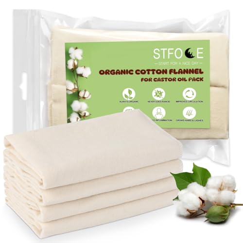 STFOCE 4pcs Organic Cotton Flannel for Castor Oil Pack, Natural & Unbleached, Soothing Heat Compress for Liver, Abdomen & Joints, Highly Absorbent for a Nightgown-Like Comfort (1 Count (Pack of 4))