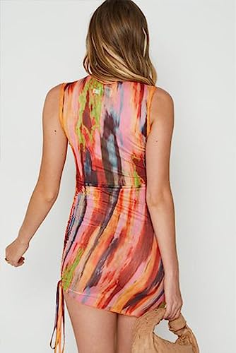 Image of ABMOIU Sexy Mini Print Mesh Dress for Women, See Through Sleeveless Stretchy Bodycon Short Summer Dresses