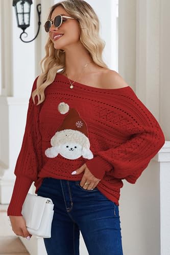 Image of Cakulo Womens Off Shoulder Crochet Sweater Top 2025 Fall Fashion Batwing Long Sleeve Sweaters Outfits Xmas Dog M
