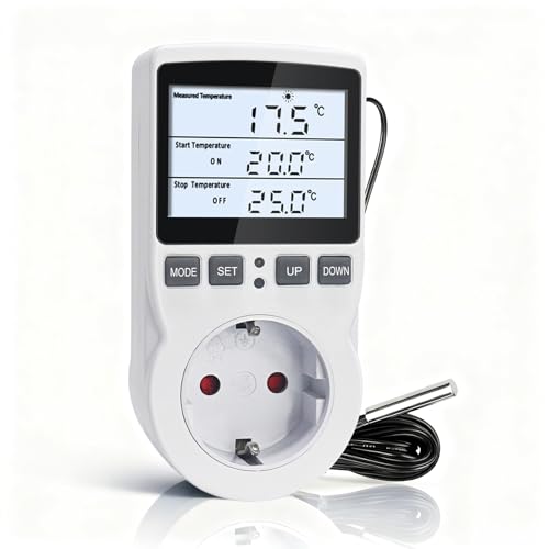 KETOTEK Prise Thermostat avec Sonde de 3 Mètres 220V, Régulateur de Température Prise Numérique avec Rétroéclairage LCD, Contrôleur de Température pour Couveuse...
