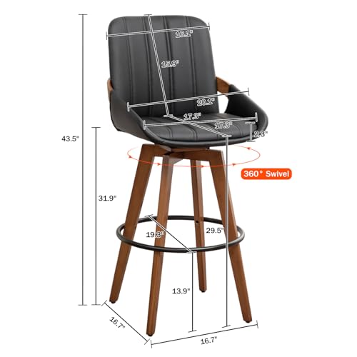 Image of AQG Bar Stools Set of 3, 29.5 Inch Mid Century Modern Bar Height Bar Chairs, Swivel Barstools with Walnut Craft, Faux Leather Upholstered Furniture for Island /Counter (Black, 29.5 inch-3 PCS)