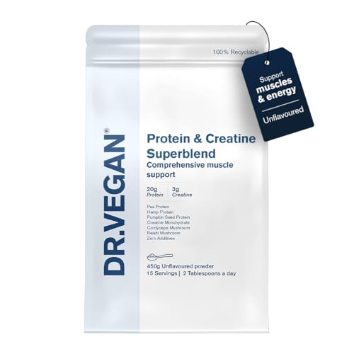 DR VEGAN Protein & Creatine Superblend | Plant Based Protein Powder Unflavoured (450g) | 20g Pea Pumpkin & Hemp Protein 3g Creatine 200mg Reishi & Cordyceps Mushrooms | Dairy & Gluten Free