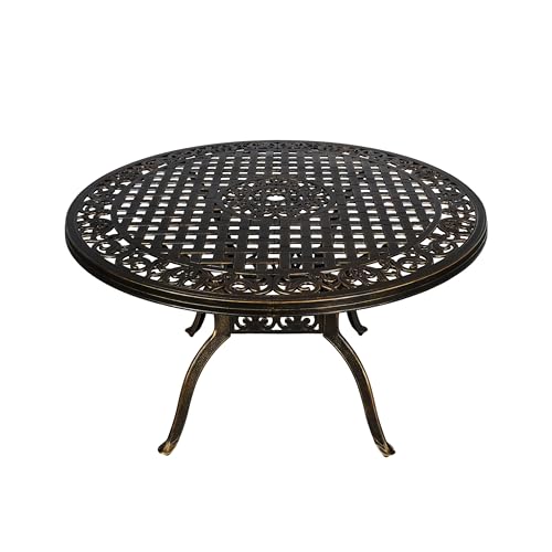 Image of 48 Inch Outdoor Dining Table Round Patio Table Powder-Coated Cast Aluminum Frame for Garden with Umbrella Hole (Bronze)