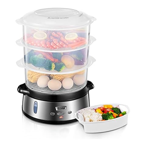 FOHERE Elektrische Dampfgarer 9 L mit Digitales Display und Programmierbarer Timer, 3 BPA frei Dampfkörbe Dampfkocher, 800 W Schnelles Kochen für Eier, Reis, Gemüse und Meeresfrüchte, Silber Cover