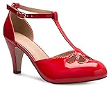Olivia K Women's Low Heels Mary Jane Pumps - Adorable Vintage Shoes- Unique Round Toe Design with an Adjustable T Strap Red Patent