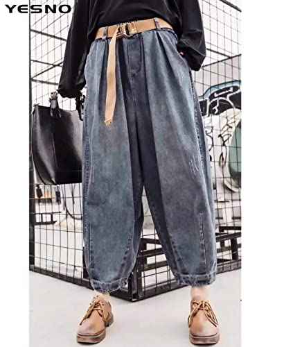 YESNO Women Casual Loose Cropped Trousers Pants Denim Bloomers Elastic Waist with Pockets PJD2