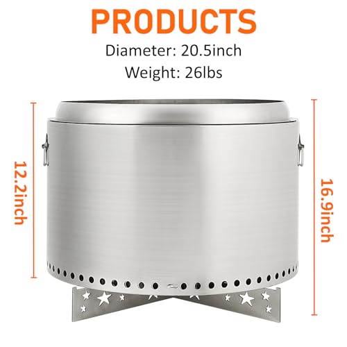 20.5 Inch Portable Smokeless Fire Pit with Stand, Handles Design, Stainless Steel Stove Wood Burning, Removable Ash Pan, for Camping, Garden, Backyard