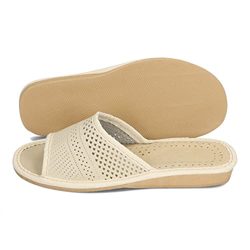 BeComfy Damskie skórzane kapcie pantofle domowe letnie klapki beżowy czerwony czarny 35-41 EU / XA23 Beżowy, 38