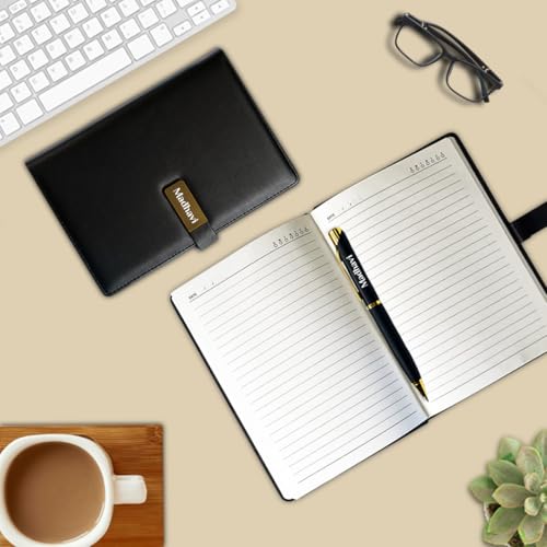 Image of Giftana Personalized Notebook Diary with Pen Gift Set for Men and Women, 2 in 1 Customized Office Diaries A5 Size Notebook, Diwali Gifts, Personalised New Year Corporate Gifts for Employees (Black Golden)