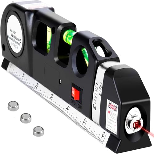 Image of Laser Level Pro 3 with Measuring Tape 8FT (2.5m) | Multi-Function Laser Level Tool with Horizontal & Vertical Alignment, Built-in Ruler, Bubble Level (lesar leval patti)