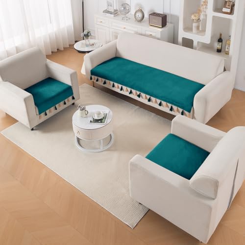 Image of HOKIPO Premium Holland Velvet Sofa Cover 5 Seater Set - Washable 3+1+1 Sofa Cover Mat with Tassel | 'TasselTone Series' | Teal (IN-1108+1104-TL*2)