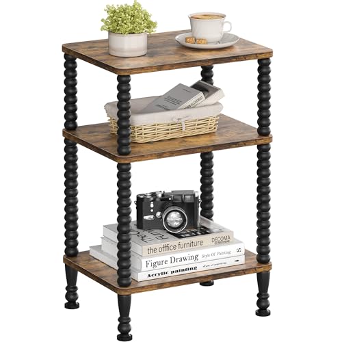 Homedawn Side Table, Small End Table, 3-Tier Nightstand with Storage Shelves, Sofa Table for Small Spaces for Living Room, Bedroom, Round Curve Corner, Rustic Brown and Black