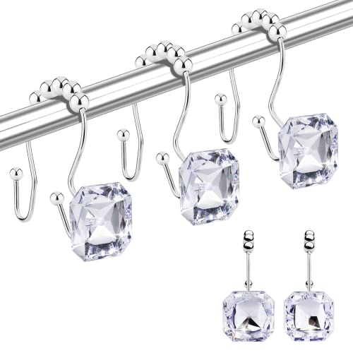 Yapicoco Shower Curtain Hooks Rings for Bathroom, 12PCS Double Hooks Glide Anti Rust Crystal Rhinestones Shower Curtain Rings Hangers for Shower Curtains, Clothing, Towels, etc. (Clear) (Clear)
