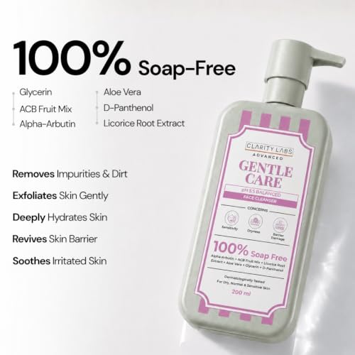 Image of Gentle Daily Face Cleanser, Soap-Free pH-Balanced Face Wash with Multi-Fruit AHA, Aloe Vera, Alpha-Arbutin, Allantoin & Panthenol | For Normal, Oily, Combination & Sensitive Skin | Sulphate Free Cleanser for Men, Women, Boys, Girls & Teens | 200ml | Clarity Labs