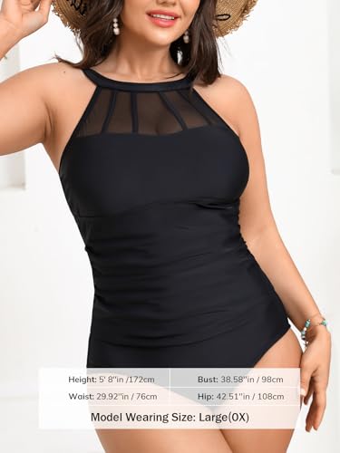 CUPSHE Women’s Plus Size Tankini Sets High Neck Mesh Cutouts Two Piece Swimsuits Adjustable Straps Mid Rise 6