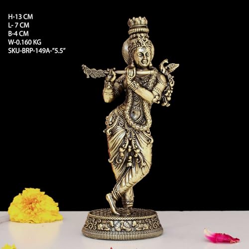 Image of INDICAST Brass 5.5 inch Lord Krishna Statue | Handcrafted Standing Krishna Murti Hindu God Idol Figurine Perfect for Decoration Puja & Gifting Purpose Sculpture (Weight- 150gm)