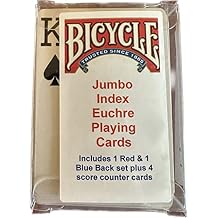 Jumbo Index Bicycle Euchre Playing 52 Cards 2 Sets A-9 1 Blue 1 Red w/ 4 Counter