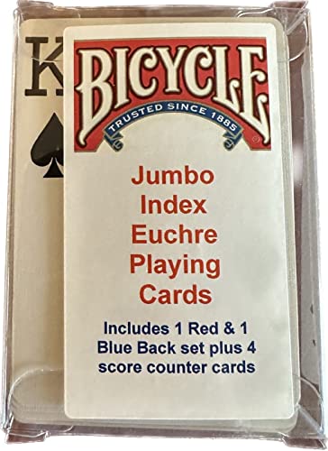 Jumbo Index Bicycle Euchre Playing 52 Cards 2 Sets A-9 1 Blue 1 Red w/ 4 Counter
