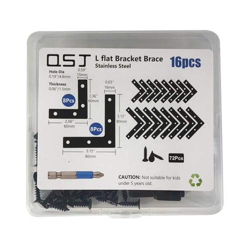 QSJ 16 Pcs L Flat Straight Brackets Corner Bracket Set 8Pcs 2.36''/8Pcs 3.15'' Bracket Brace Mending Plate Stainless Steel for Wood - Thumbnail 5