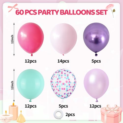 Image of Pink Purple Blue Balloons, 60PCS Hot Pink Balloons, 12 Inch Confetti Balloon Pastel Pink Teal Blue Metallic Purple Party Balloon for Girls Women Baby Shower Princess Wedding Birthday Party Decoration