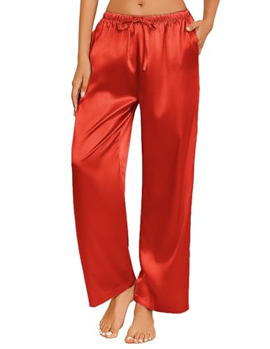Image of Ekouaer Womens Silk Satin Pajama Lounge Pants Sleep Pj Bottoms with Pockets | Silky,Loose Wide Leg,Drawstring Elastic Waist,Casual,Loose,Elegant