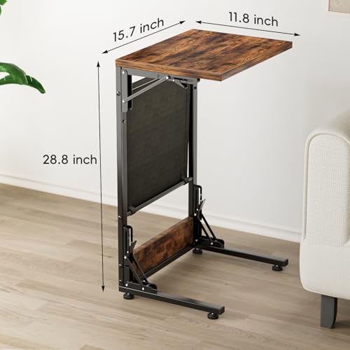 Image of Folding TV Tray Table, 28.8 inch Tall C-Shaped Side Table for Couch and Bed, Slide Under Sofa Side Desk with Storage Bag - Sturdy Metal Frame Tray for Living Room, Bedroom, Home & Office (Rustic Brown)