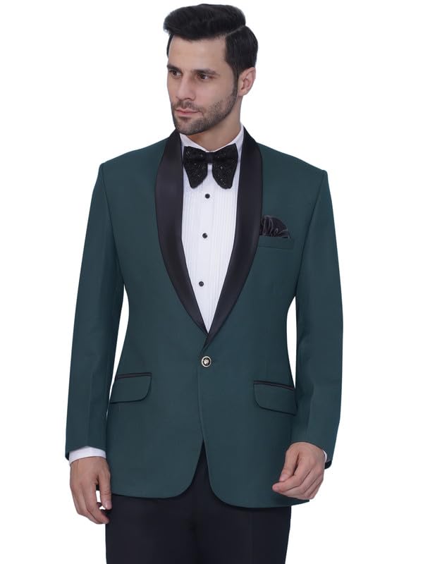 Image of FAVOROSKI Tuxedo Blazer for Men with 2 Pockets | Rayon Slim Fit Blazers | Ethnic Wear Tuxedos | One Button Solid Tuxedo Blazers in Shawl Collar | Blazer for Wedding, Festive, Formal