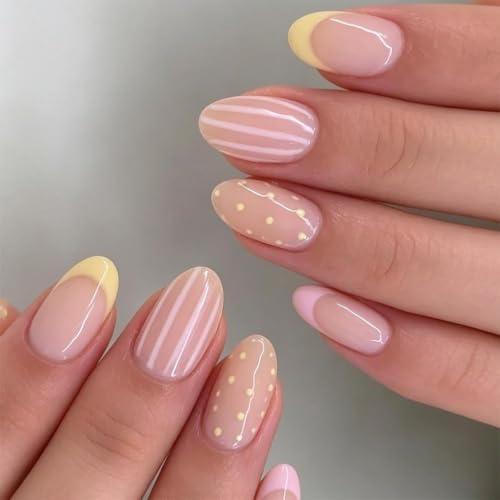 Bloazife French Tip Press on Nails Short Almond Nude Fake Nails Press on with Polka Dot Design Stripe False Nails Glossy Full Cover Summer Nails for Women 24Pcs