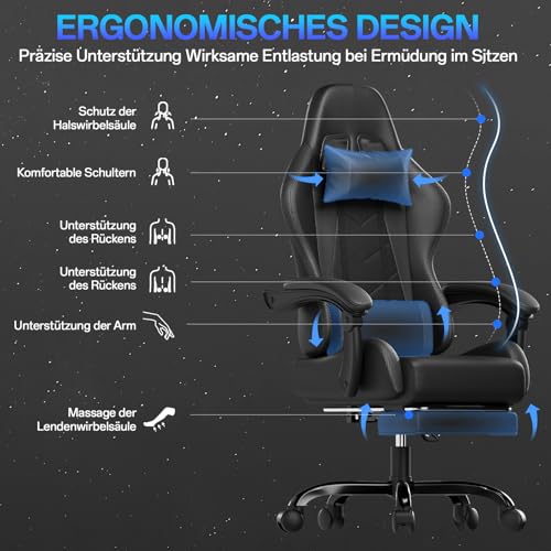 JUMMICO Sedia da gaming da ufficio, ergonomica, con cuscino lombare massaggiante, schienale regolabile 90-150°, e poggiapiedi, capacità di carico 150 kg, colore: nero - Immagine 4