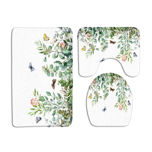 VPUPCN Green Leaves 3 Pcs Bath Rugs Set,Sage Green Eucalyptus Leaf Watercolor Nature Floral Plant Botanical Spring Bathroom Kitchen Rug with 16