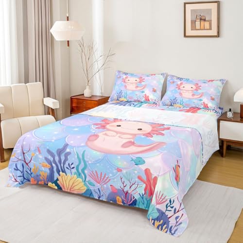 Image of jejeloiu Cute Axolotl Bed Sheets Set Full Size Kawaii Ocean Sealife Bed Set for Kids Boys Girls Cartoon Salamander Deep Pocket Fitted Sheet Reptile Animal Breathable Soft Lightweight Microfiber