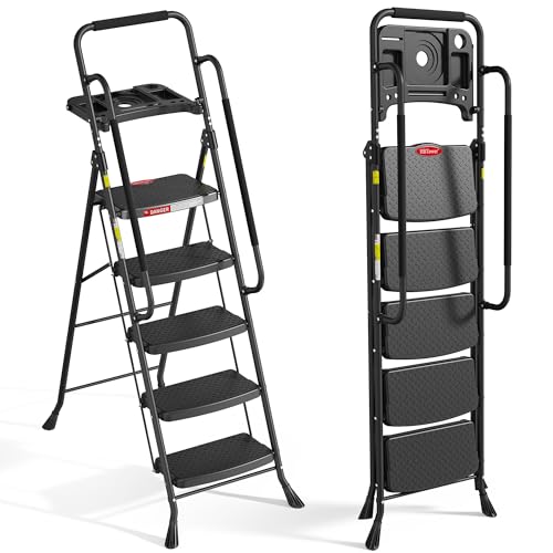 HBTower 5 Step Ladder Folding Step Ladder with Handrails & Tool Tray