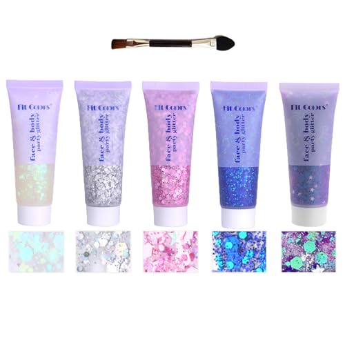 Body Glitter Face Glitter Gel: Singer Concerts Disco Festival Rave Accessories Face Glitter Makeup 150ml Chunky Sequins Mermaid Face Body Hair Glitter Gel (White+Silver+Pink+Blue+Purple)