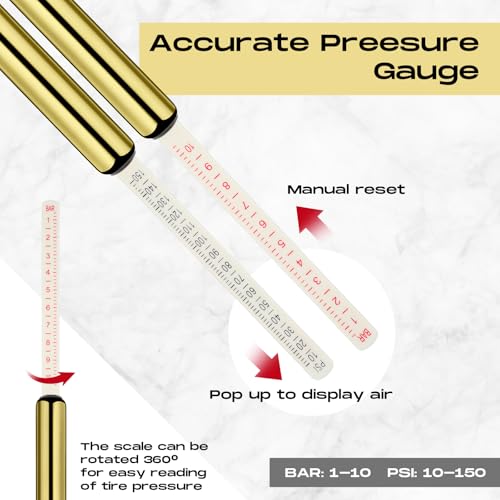 Image of Tallew 10 Pack Tire Pressure Gauge Heavy Duty Air Pressure Tire Gauge Dual Head Semi Truck Tire Pressure Gauge Range 10-150 PSI, Extended Tube Tire Gauge Suitable for Semi Truck, and Bus (Gold)