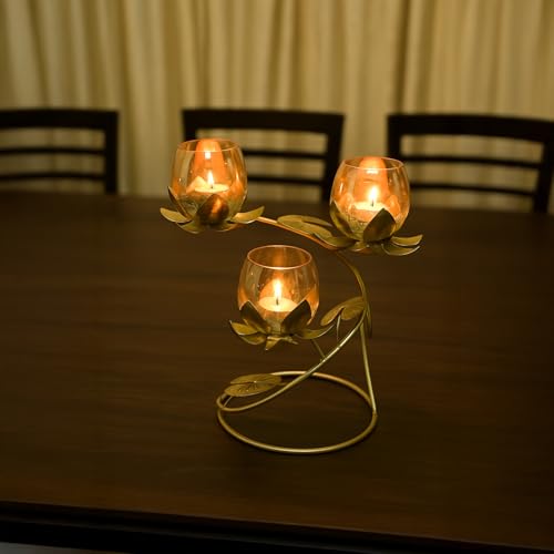 Image of MARKET 99 Metal & Glass 3 Votive T-Light Holder Lotus Shape | Golden Decorative Candle Holder for Diwali, Christmas, Birthday & Wedding | Elegant Home & Living Room Decor for Festive Celebrations