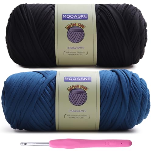 Image of Mooaske 2 Pack T-Shirt Crochet Yarn for DIY Knitting Crochet Cloth Blanket Bag Dolls - 400g Chunky Thick Yarn for Crocheting with Polyester-Spandex Blend Elastic Fabric (Black+Denim Blue)