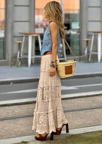 YEMOCILE Women's Floral Lace Crochet Knit Hallow Out Maxi Skirt Boho Elastic Waist A-Line Flowy Long Skirts4