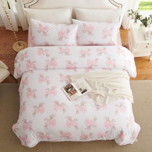 Image of Nayoroom Pink Bow Duvet Cover Queen Size Coquette Pink Floral Duvet Cover 3 Pieces Soft Lightweight Microfiber Girls Cute Aesthetic Dorm Bedding Set