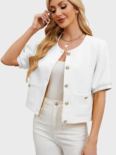 LifeShe Puff Short Sleeve Tweed Jacket Women Cropped Jackets Summer Open Front Office Work Blazer Coat4
