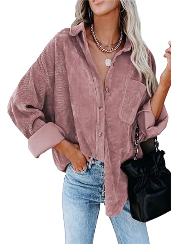 Yming Frauen Button Down Hemden Revers Jacken mit Taschen Kord Langarm...
