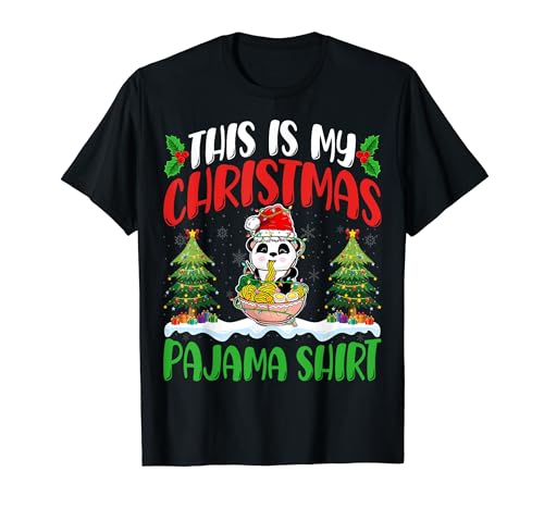Panda Ramen Noodles Christmas Pajama Shirt Panda Xmas Lights Camiseta
