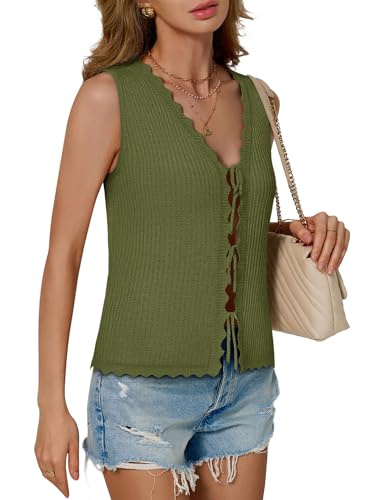 Image of COCCKO Womens Summer Tops Vacation Beach Outfits Cute Tie Front Crochet Vest Knit Sleeveless Sweaters
