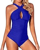 Tempt Me Women One Piece Swimsuits Front Cross Keyhole Tummy Control Backless Bathing Suit Royal Blue X-Large